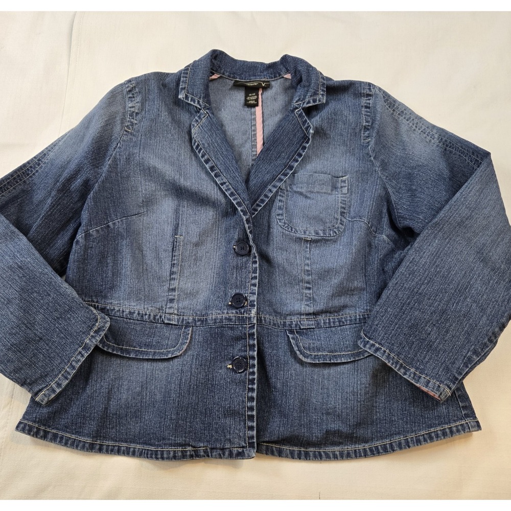 VTG‎ Venezia Women's Y2K Collared Button Up Short Denim Flare Hem Jacket  18/20